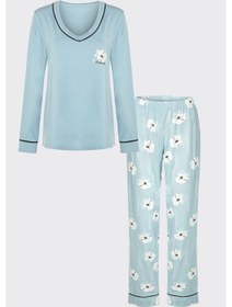 Resim Kadın V Yaka Çiçek Desenli Ara Biyeli Uzun Kollu Pamuklu Pijama Takımı Ko70141 Mavi - Beyaz 