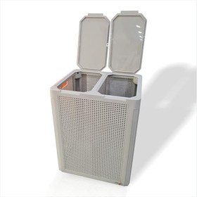 Resim Büyük Sağlam Renkli Beyaz Çift Bölmeli Kapaklı Delikli Hava Alan Demonte Kirli Çamaşır Sepeti Kutusu 