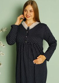 Resim Puantiyeli, Önü Düğmeli ve Dantelli Yakalı Büyük Beden Gecelik - Anne Geceliği - 1006 - Lacivert / 3XL 