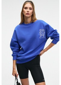 Resim AUDRA Kadın Oversize Yuvarlak Yaka Nakış Detaylı Mavi Sweatshirt 
