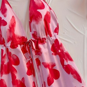 Resim Kadınlar için Günlük V-Yaka Bağlamalı Açık Sırt Yazlık Üst - Kelebek Baskılı Pembe Bluz, Elastik Bel ve Orta Doğu Esintili Şık Tasarım Plaj & Günlük Giyim İçin, Saydam Olmayan Kumaş 