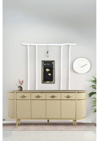Resim Maya Cappuccino Gold Lüks Konsol 4 Kapaklı Şerit Detaylı Metal Ayaklı Tasarım 180x45x84 Cm 