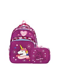 Resim Yeni Sezon Ortopedik Unicorn Desenli Okul Çantası + Beslenme Çantası Seti Koyu Mor 