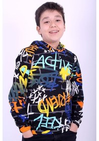 Resim Fyk Kids Kapüşonlu Desenli Unisex Sweatshirt 2 İplik Siyah 