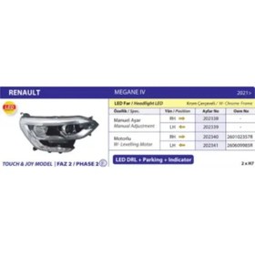 Resim AYFAR ON FAR SAG MEGANE IV TOUCH/JOY MODEL FAZ 2 LEDLI KROM CERCEVELI 21 MOTORLU 