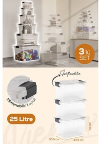 Resim Vienev 3'lü 25 Litre Kilitli Kapaklı Saklama Ve Erzak Kutusu 33125 