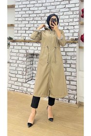 Resim Vibeys Collection Bej Içi Çizgili Ve Kendinden Astarlı Su Geçirmez Kadın Trençkot 