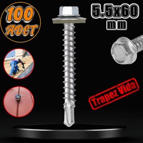 Resim Badem10 Trapez Çatı Vidası 5.5X60 mm Paket 100 Adet Matkap Uçlu Sac Akıllı Vida Çatı Panel Metal Ağaç Vidası 