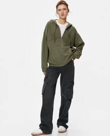 Resim Şardonlu Fermuarlı Kapşonlu Sweatshirt Oversize Kabartmalı Kanguru Cepli 