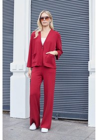 Resim JUMENT Kadın İpeksi Dokulu Esnek Modal Kumaş Taş Baskılı Beli Lastikli Bol Paça Palazzo Pantolon-bordo 