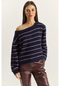 Resim Shade Kadın Bardot Yaka Çizgili Oversize Triko Kazak 2570 60283876 - Lacivert-bordo Çok renkli 