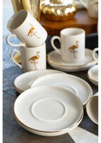 Resim Heda Porselen Flamingo 12 Parça 6 Kişilik Porselen Kahve Fincan Takımı Kırık Beyaz 