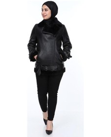 Resim Hakiki Kuzu Derisi Fermuarlı Kürklü Kemerli Kadın Deri Ceket Siyah Siyah 