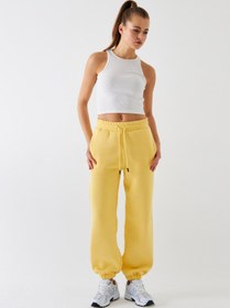 Resim Oversize Unisex Eşofman Altı Sarı - 3 İplik Şardonlu, Paça-Bel Lastikli, Cepli, Modern Rahat Kesim - L / SARI 