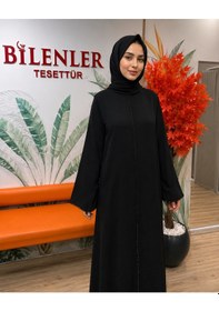 Resim Bilenler Dubai İpeği Kesme Kristal Taşlı Fermuarlı Ferace Siyah 