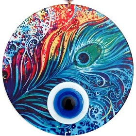 Resim Tavus Kuşu Tüyü Desenli Füzyon Camdan El Yapımı Nazar Boncuklu Duvar Süsü 