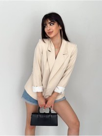 Resim han fashion Kadın Bej Kruvaze Yaka Düğmesiz Cepli Astarlı Blazer Ceket 