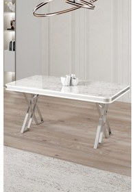Resim Canisa Vals Serisi 80x130 Lak Panel Beyaz Mermer Desen Masa Takımı Krom Ayaklı 4 Siyah Sandalye Beyaz Mermer Desen Masa Sandalyeler Siyah 