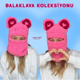 Resim Linka Knit Kalpli Kulak Pembe Ayı Kar Maskesi, Kışlık Balaklava, Tavşan Kulaklı Maske 