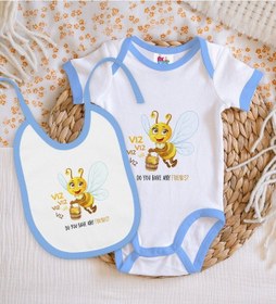 Resim Bk Kids Sevimli Arı Tasarımlı Mavi Bebek Body Zıbın Ve Mama Önlüğ Çok Renkli 