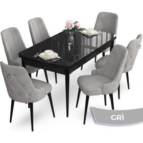 Resim Canisa Concept Nev Serisi 80 x 132 cm Açılabilir Siyah Mermer Desen Masa Takımı 6 Sandalye Gümüş Halkalı 