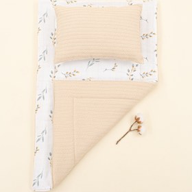 Resim Alt Açma Matı ve Yastık - Çift Taraflı - Sütlü Kahve Örgü - Yapraklar 