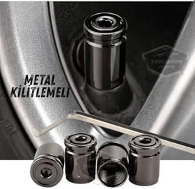 Resim Kilitlemeli Sibop Kapağı Alyanlı Sibop Kapağı Araba Motosiklet Bisiklet Metal Sıkmalı Siyah 4 Lü Set 