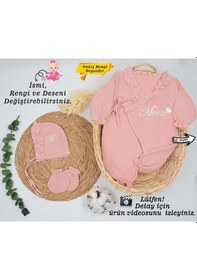 Resim Gros Shop %100 Pamuk Organik 4 Katlı Müslin Kumaş 3'lü Hastane Çıkış Seti Kişiye Özgü İsimli Nakış Desenli Çok Renkli 
