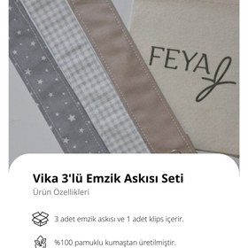 Resim Feya Vika 3'lü Yıldız, Pötikare Desenli & Düz Pamuklu Yıkanabilir Emzik Askısı - Gri, Taş Rengi 