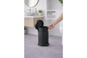 Resim Mat Siyah Banyo Seti, Metal Çöp Kovası ve Wc Fırçası Takımı 