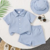 Resim 3 adet Toddler Boy Düz Renk Rahat Kıyafet Seti - Düğmeli Gömlek ve Şort ile Şapka, Açık Mavi, Rahat Stil, Düğmeli Gömlek, Rahat Şort ve Ha, Dış Mekanlar İçin 