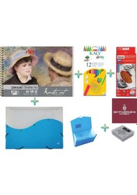 Resim A4 Eskiz Boyama Seti 160 Gr Eskiz Defteri Dereceli Kalem Seti 13 Bölmeli Dosya Silgi Boya Kalemi 