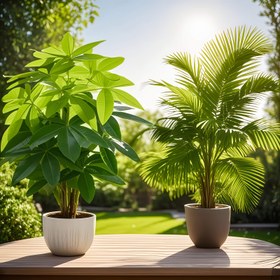 Resim İki Büyük Para Ağacı Seti, 75Cm/28.88In ve 84Cm/33.08In Boyutlarında Tropikal Palmiye Ağaçları - Canlı Yeşil Yapraklı, Dayanıklı Plastik Malzemeden Yapılmış, İç ve Dış Mekan Dekorasyonu İçin Uygun, Noel, Şükran Günü, Anneler Günü ve Palm Pazartesi İçin Uygun | Sulama Gerektirmez, Bakımı Gerektirmez Ev Bahçe Dekoru, Mevsimsel Gösterim, Dik Yapraklar, Sağlam Yapı, Taşınabilir Düzenleme - Saksı Gerektirmez. 