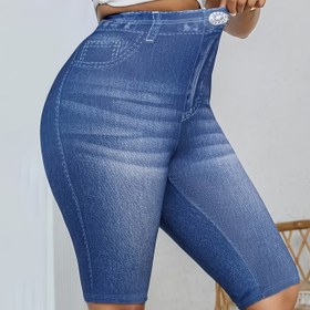Resim Kadınların Yüksek Bel Esnek Suni Denim Baskılı Şortları - Açık Mavi, Dar Kesim, Yüksek Esneklik, Makinede Yıkanabilir, Rahat veya Spor Kıyafetleri İçin Mükemmel, Egzersiz Giyim | Şık Ayak Şortları | Polyester Kısa 
