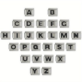 Resim 10mmx9mm Paslanmaz Çelik İtalyan Charm Bilezik Bağlantıları, Gömme Siyah Emaye Harfler A-Z - Modüler Nötr Tarz Takı Kadınlar & Erkekler için, DIY Bilezik Yapımı, Günlük Kıyafetler veya Hediye için Şık Retro Tasarım, Charm Bilezik Zinciri, Hediyeler, Zarif Stil, Modern Takı, Kaliteli İşçilik, Pürüzsüz Yüzey 