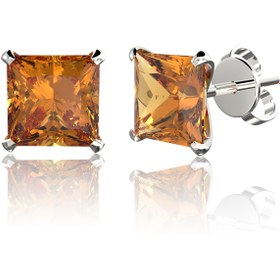 Resim Jewelry For Light 925 Ayar Gümüş, 7mm Citrine Kare Kesim (PRİNCESS CUT), Tektaş Zirkon Pimli Küpe 