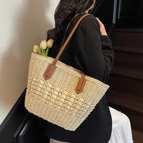 Resim Geniş Kapasiteli Dokuma Plaj Çantası - Fermuarlı ve Sabit Omuz Askılı Dayanıklı Doğal Lifli Günlük Seyahat Çantası, Tatil, Alışveriş için 