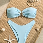 Resim Yıldız Süslemeli Kadın Bikini Seti - Hafif Mavi Yüksek Esneklikte Bandeau Üst ve Alt, Deniz Kabuğu Detayları, Plaj veya Havuz Kenarı İçin Mükemmel, Plaj Mayo | Yıldız Balığı Detaylı Bikini | Yüksek Esneklikli Kumaş 