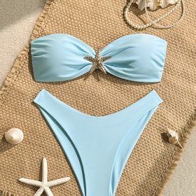 Resim Yıldız Süslemeli Kadın Bikini Seti - Hafif Mavi Yüksek Esneklikte Bandeau Üst ve Alt, Deniz Kabuğu Detayları, Plaj veya Havuz Kenarı İçin Mükemmel, Plaj Mayo | Yıldız Balığı Detaylı Bikini | Yüksek Esneklikli Kumaş 