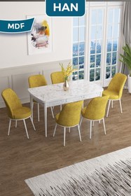 Resim Canisa Han Serisi, 70x114 Açılabilir Mdf Masa Takımı, Beyaz Mermer Desen Masa Ve 6 Hardal Sandalye 