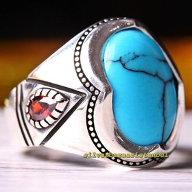 Resim Turquoise and Ruby Stone Turkish 925 Sterling Silver Mens Ring - US: 12.75 / 69.5 mm / Turk: 29.5 