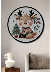 Resim Şirin Geyik Karakterli Noel Ağacı Desenli Ahşap Tablo Yuvarlak Duvar Tablosu Çerçeve Görünümlü-10830 - 30 X 30 