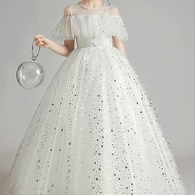 Resim 1pc GULULU Kızlar Omuzdan Düşen Prenses Elbisesi, Yaz Ateş Böceği Tül Top Gown, Geometrik Desen, Polyester %65 Viskon %35, Esnek Olmayan, Dokuma, İnce Fit, Uzun Süslü Crew Boyun Elbisesi Çocuklar İçin 