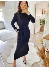 Resim Stilaura Kadın Uzun Kollu Bisiklet Yaka Belden Çapraz Bağlamalı Yandan Yırtmaçlı Uzun Viskon Iki Iplik Elbise Siyah 