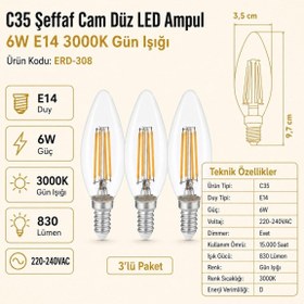 Resim HEKA C35 Şeffaf Cam Düz LED Ampul 6W E14 3000K Gün Işığı ERD-308 3'lü 