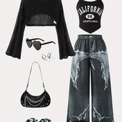 Resim Genç Kadınlar İçin Oymalı Crop Top & Camisole & Baskılı Uzun Pantolon Taklit Denim Desenli Üç Parça Takım İlkbahar Yaz, Açık Hava için Mükemmel 