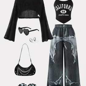 Resim Genç Kadınlar İçin Oymalı Crop Top & Camisole & Baskılı Uzun Pantolon Taklit Denim Desenli Üç Parça Takım İlkbahar Yaz, Açık Hava için Mükemmel 
