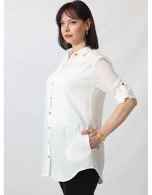 Resim Moda Berray Bb-092 Beyaz Gümüş Yaldızlı Güneş Desenli Kolu Apoletli Yandan Cepli Tunik Gömlek Kadın Büyük Beden Beyaz 