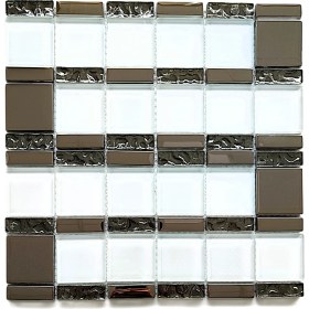 Resim MozaiKristaL Mutfak Tezgah Arası, ve İç Dekorasyon İçin. 48X48MM. Beyaz-Krom. 30X30CM. Fileli Kristal Cam Mozaik. ( 1 M2 Fiyatıdır ) 