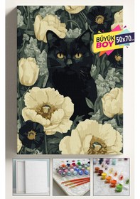 Resim Sayılarla Boyama Seti Numaralı Tuval Fırça Boya Dahil Kasnaklı Set 50x70cm-beyaz Çiçekler Siyah Kedi 